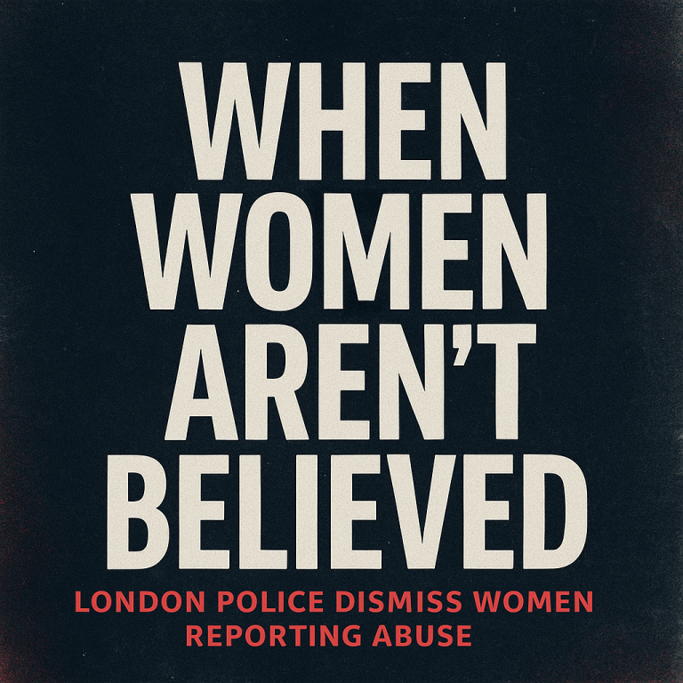 Bold graphic with distressed dark background. Large white text reads “When Women Aren’t Believed” and smaller red text reads “London Police Dismiss Women Reporting Abuse.”