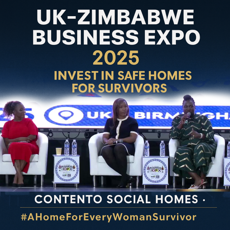 Caroline Phansi speaking on a panel at the UK–Zimbabwe Business Expo 2025, with the headline “Invest in Safe Homes for Survivors” and Contento Social Homes branding.