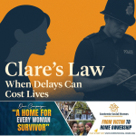 Illustration showing a woman’s silhouette beside a police officer writing in a notebook, symbolising Clare’s Law and the consequences of delayed domestic abuse disclosures.