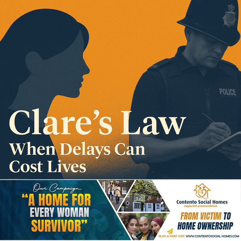 Illustration showing a woman’s silhouette beside a police officer writing in a notebook, symbolising Clare’s Law and the consequences of delayed domestic abuse disclosures.