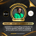Congratulations graphic announcing Caroline Phansi, CEO of Contento Social Homes, as a finalist for the Best CEO Leadership category in the Best CEO Awards 2025, featuring her portrait and award branding