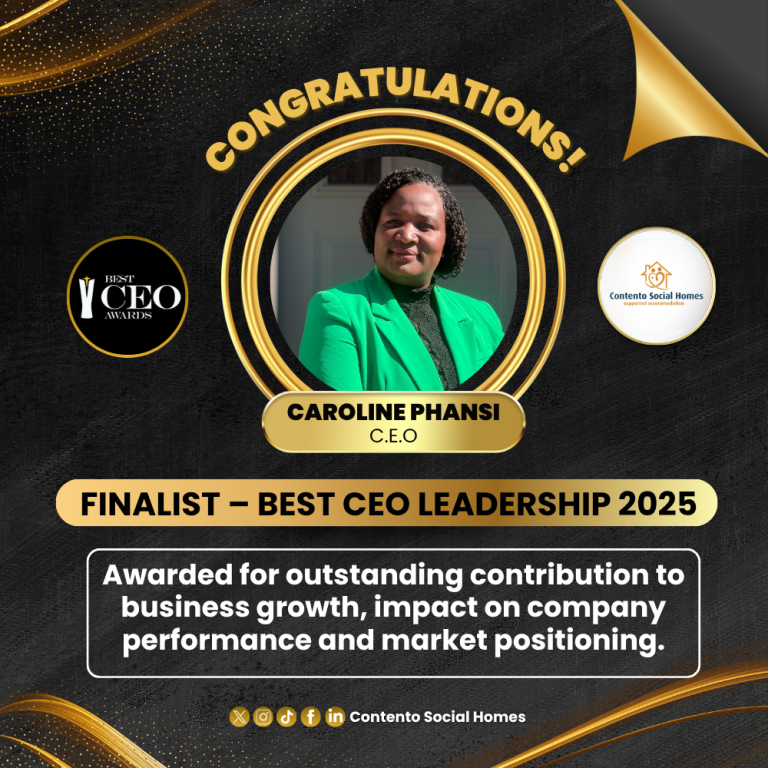 Congratulations graphic announcing Caroline Phansi, CEO of Contento Social Homes, as a finalist for the Best CEO Leadership category in the Best CEO Awards 2025, featuring her portrait and award branding