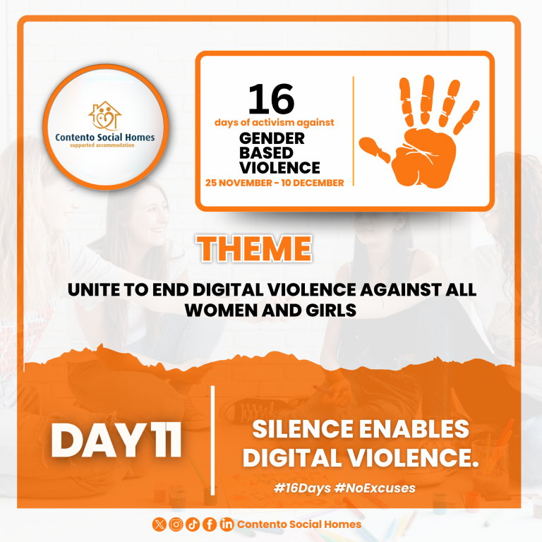 Day 11 graphic for the 16 Days of Activism Against Gender-Based Violence, featuring the message “Silence Enables Digital Violence” to highlight the dangers of ignoring online abuse.