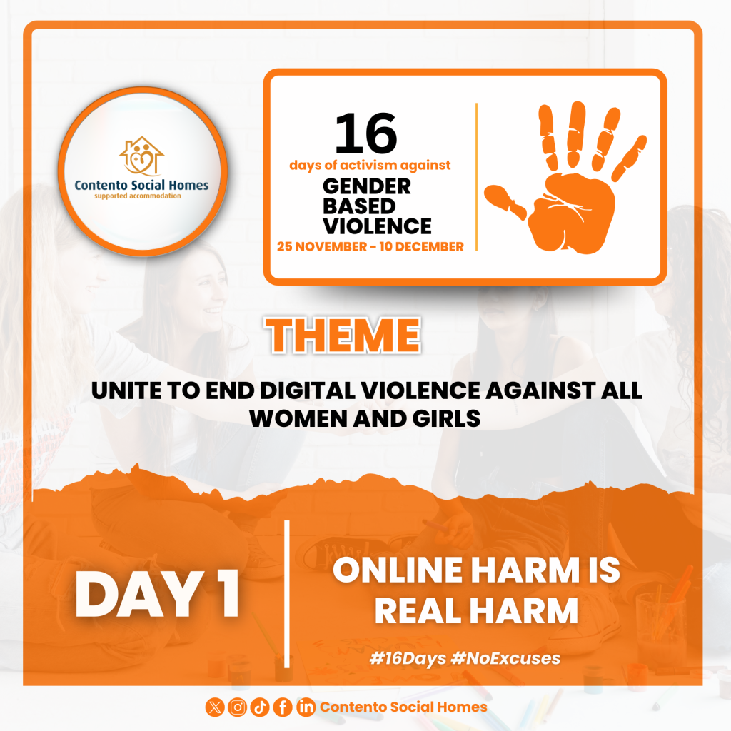 Campaign graphic for Day 1 of the 16 Days of Activism Against Gender-Based Violence, highlighting the theme “Online Harm Is Real Harm” and calling for action to end digital violence against women and girls.