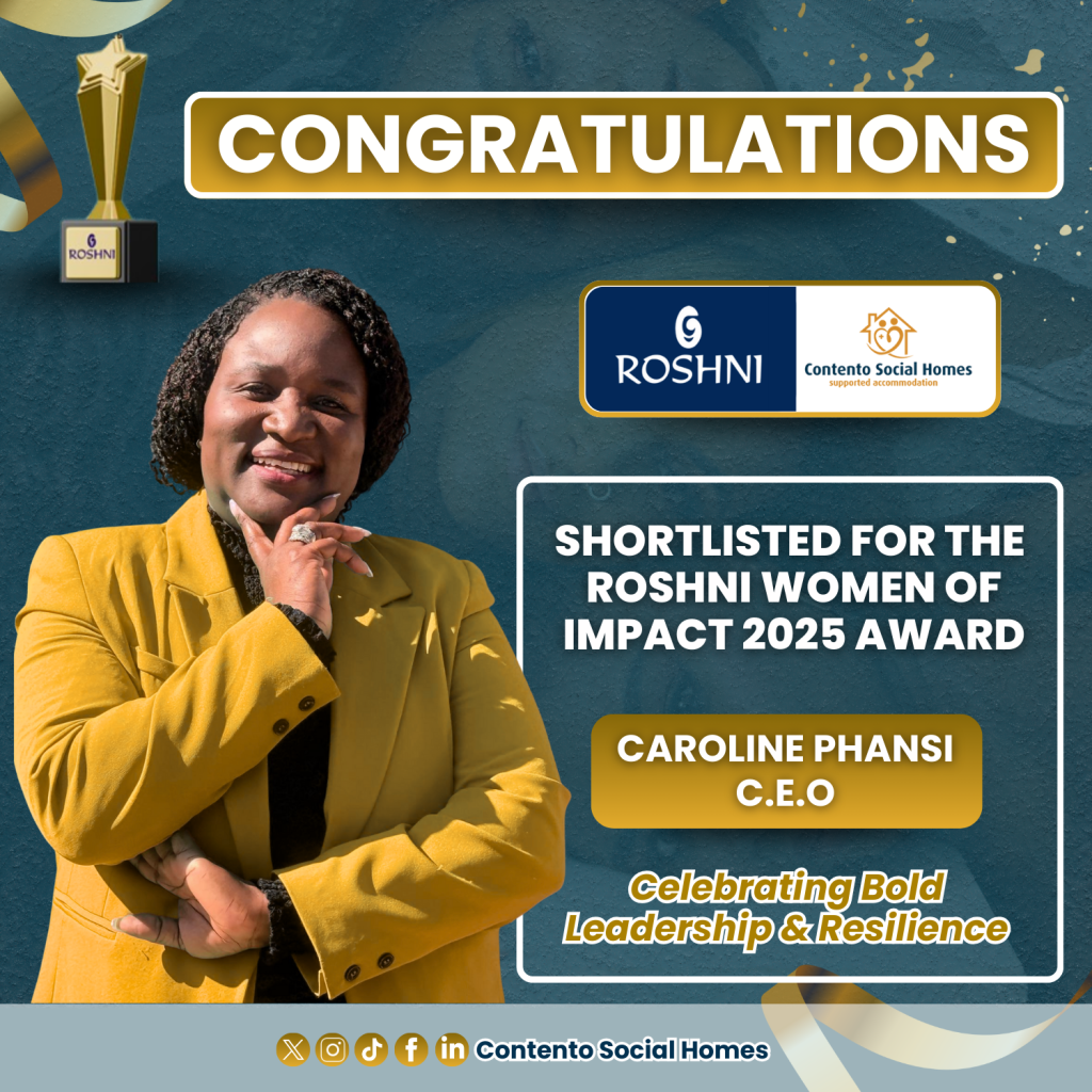 Portrait of Caroline Phansi, CEO of Contento Social Homes, celebrating her shortlisting for the Roshni Women of Impact 2025 Award, with campaign branding, gold accents, and award visuals.