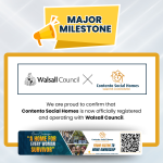 Graphic announcing that Contento Social Homes is officially registered and operating with Walsall Council, celebrating a major milestone in providing safe accommodation for women and children escaping domestic abuse.