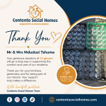Thank you card from Contento Social Homes thanking Mr and Mrs Mduduzi Tshuma for donating 75 glasses to support women survivors of domestic abuse and their children.