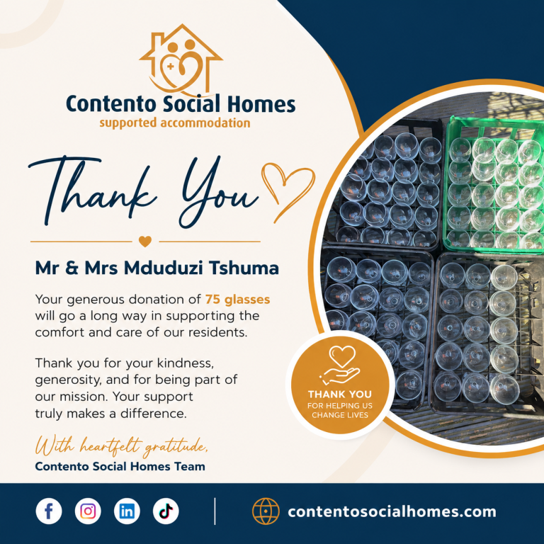 Thank you card from Contento Social Homes thanking Mr and Mrs Mduduzi Tshuma for donating 75 glasses to support women survivors of domestic abuse and their children.