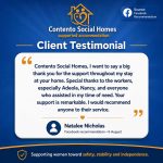 Client testimonial for Contento Social Homes featuring a positive Facebook recommendation praising the organisation’s staff and support services.