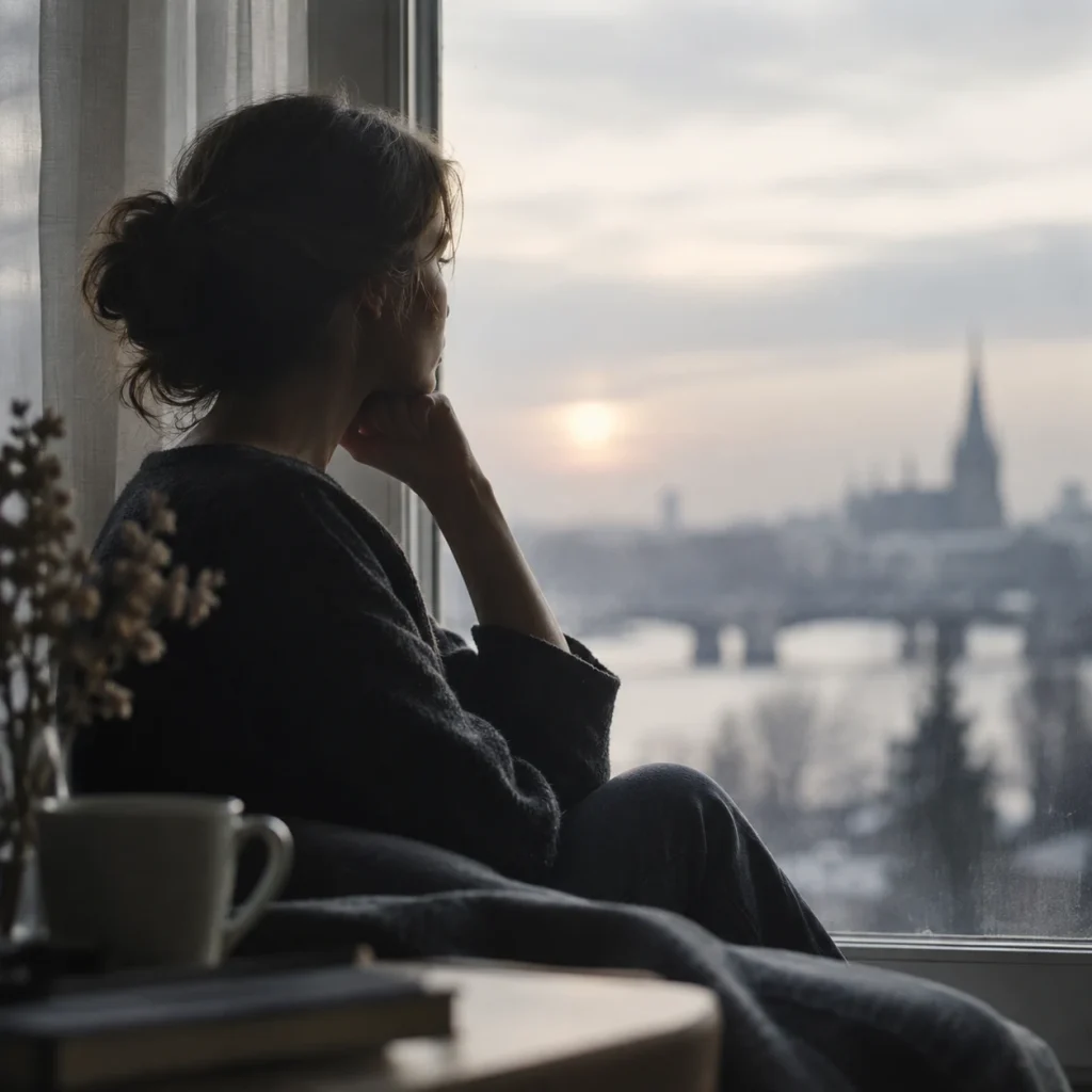 Illustrative image of a woman sitting beside a window, her face in shadow.