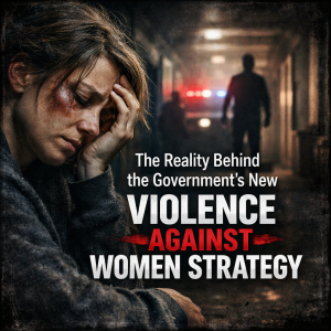 A distressed woman sits with visible facial bruising in a dark corridor, symbolising the hidden reality of domestic abuse and violence against women in the UK, with text highlighting the Government’s new violence against women strategy.