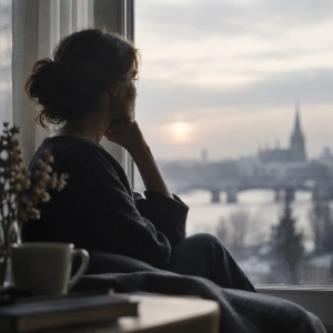 Illustrative image of a woman sitting beside a window, her face in shadow.