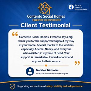 Client testimonial for Contento Social Homes featuring a positive Facebook recommendation praising the organisation’s staff and support services.