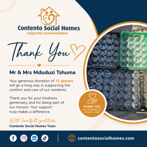 Thank you card from Contento Social Homes thanking Mr and Mrs Mduduzi Tshuma for donating 75 glasses to support women survivors of domestic abuse and their children.